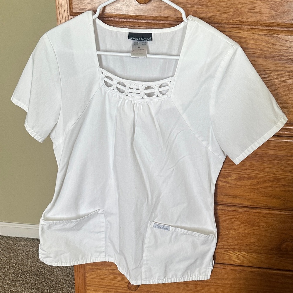 Cherokee White Women's Blouse with neckline detail & 2 pair of scrub pants FREE! - Picture 15 of 16